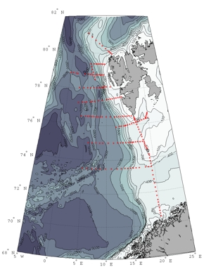 189 hydrographic
stations in 13 sections were performed across main core of the West Spitsbergen Current and crosswise and along the continental shelf and slope